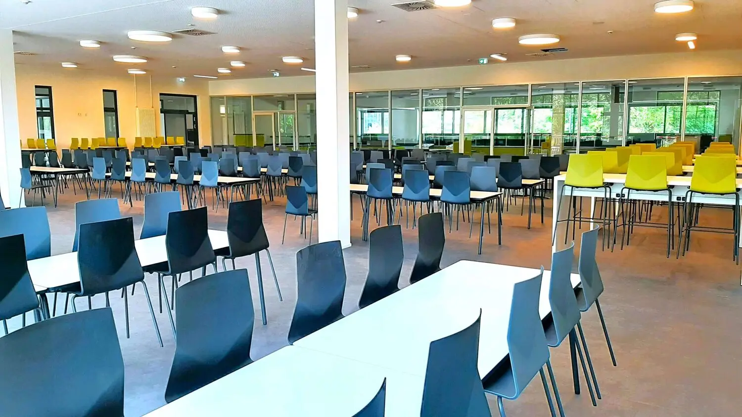 Großzügige Hochschulmensa mit langen Tischreihen und akustisch gegliederter Decke
